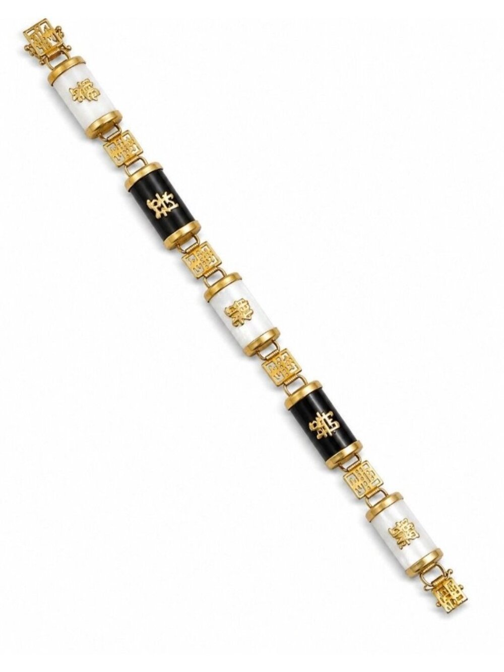 Vintage 90s Mother of Pearl Black Onyx Gold Plated Asian Symbol Bracelet